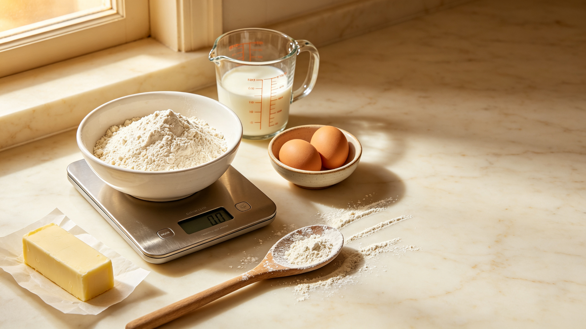 A digital kitchen scale with a bowl of flour, a glass measuring cup of milk and baking essentials on a warm cream counter